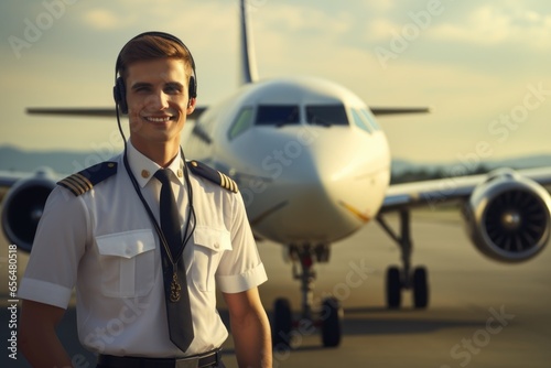 A man dressed in a pilot's uniform stands confidently in front of a sleek airplane. This image can be used to depict aviation, travel, or the profession of a pilot.