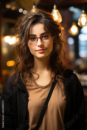 Portrait of Confident smiling female student wearing eyeglasses. Proud student girl with specs looking at camera. High quality AI photo