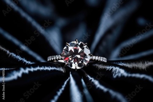 close-up of a diamond engagement ring on black velvet