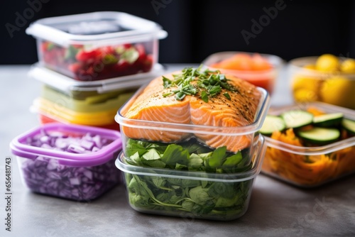 stack of colorful meal prep containers with various foods