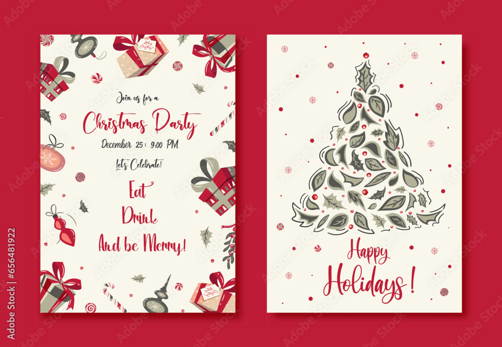 Christmas Party invitation. Merry Christmas and Happy Holidays cards with New Year tree, snowflake, floral frames and backgrounds. Ornate modern universal artistic templates hand made. Christmas Party invitation. Merry Christmas and Happy Holidays cards with New Year tree, snowflake, floral frames and backgrounds. Ornate modern universal artistic templates hand made.