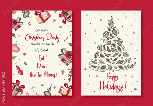 Christmas Party invitation. Merry Christmas and Happy Holidays cards with New Year tree, snowflake, floral frames and backgrounds. Ornate modern universal artistic templates hand made.