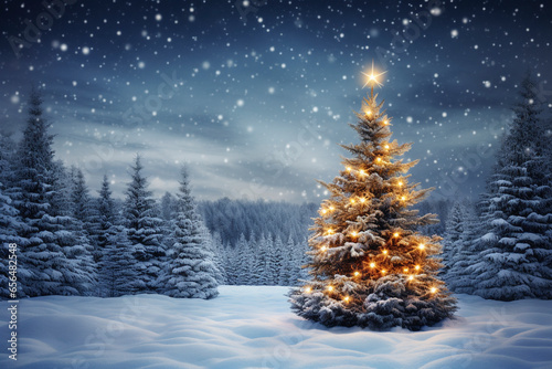 Christmas and winter holiday marketing background, with winter and christmas tree themes, christmas ornaments and presents, snowy vibes.