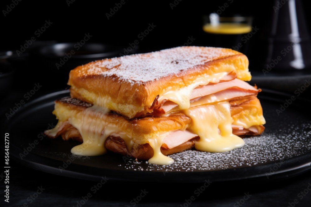 monte cristo sandwich with melting cheese on a black plate monte cristo sandwich with melting cheese on a black plate