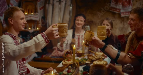 Slavic man peasant talking toast in feast dinner with family, history and culture, 4K, Prores