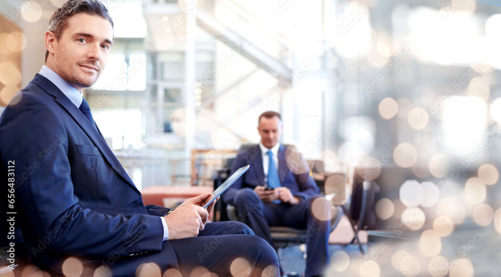Portrait, banner and man with a tablet, employee or connection with planning, bokeh or website information. Person, employee or consultant with technology, network or email notification with internet Portrait, banner and man with a tablet, employee or connection with planning, bokeh or website information. Person, employee or consultant with technology, network or email notification with internet