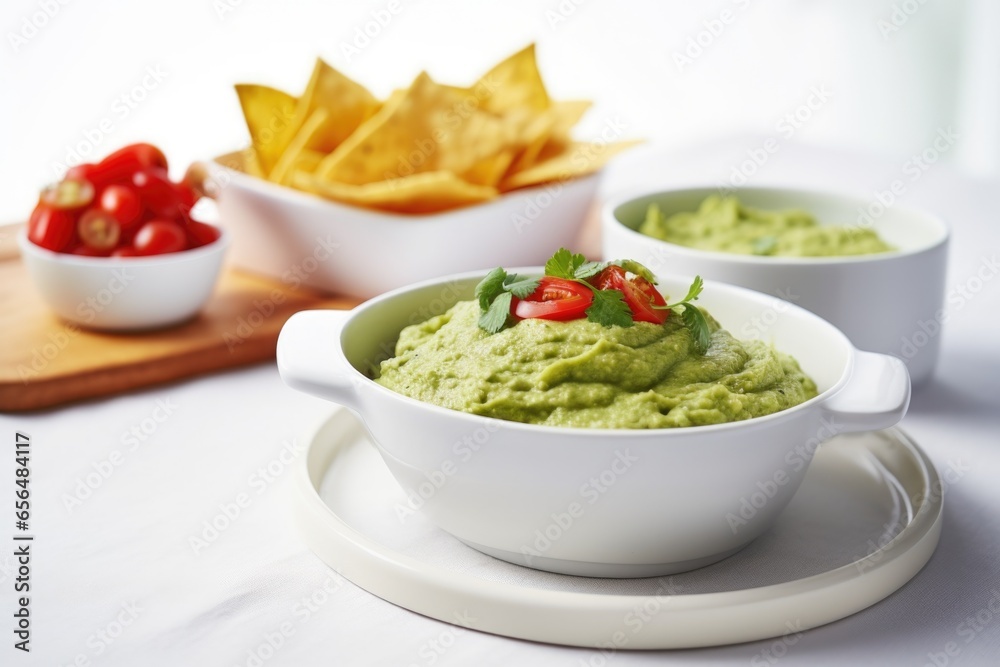 nachos with avocado dip in a white porcelain bowl nachos with avocado dip in a white porcelain bowl