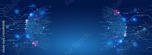 Futuristic design for banner or presentation. The abstract circuit board is on a blue background. Hi-tech digital technology and engineering concept. Wide technology communication.