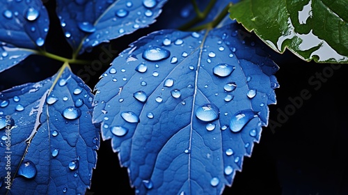 Water drops on a leaf in nature  macro. Many drops shade the blue color.