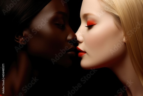 Two pretty sexy girls kissing with eyes closed. Happy gay multiethnic couple feeling love. Multi ethnic lesbian women dreaming and kissing. Freedom and pride lgbt people concept