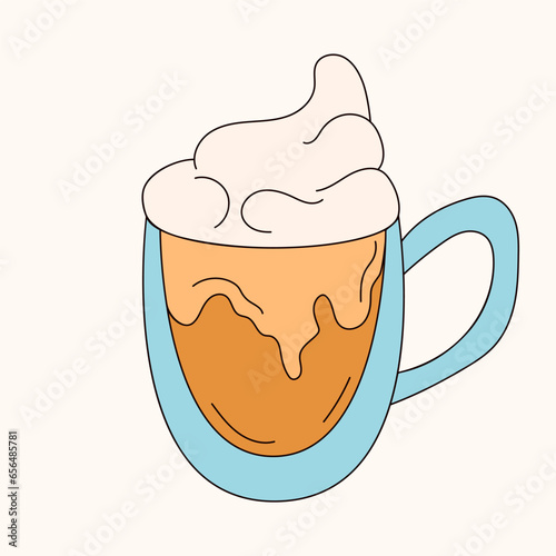 White chocolate mocha in line art style. Glass cup with coffee. Vector illustration isolated on a white background.