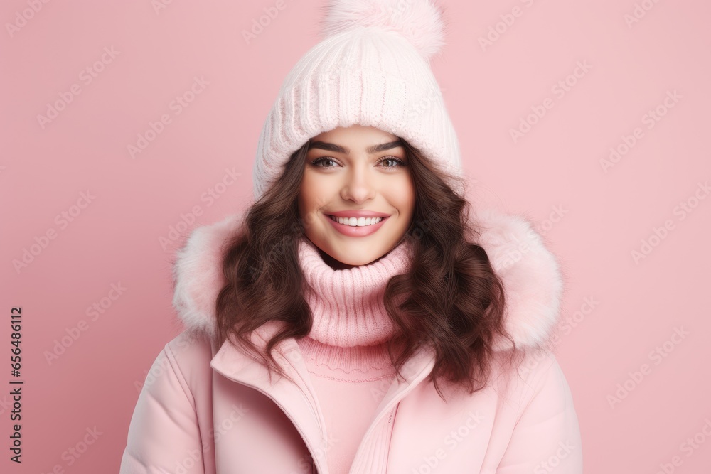 Happy caucasian young woman standing on light pink background. Smiling girl wearing warm clothes, winter fashion portrait. Warm winter cold season fashion. Sales and discount concept with copy space Happy caucasian young woman standing on light pink background. Smiling girl wearing warm clothes, winter fashion portrait. Warm winter cold season fashion. Sales and discount concept with copy space