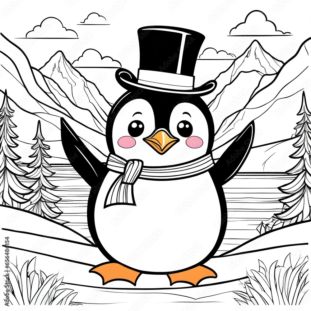 color book page of a mischievous penguin with chibi style eyes ...