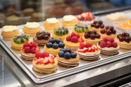 mini tarts with assorted berries in a bakery case