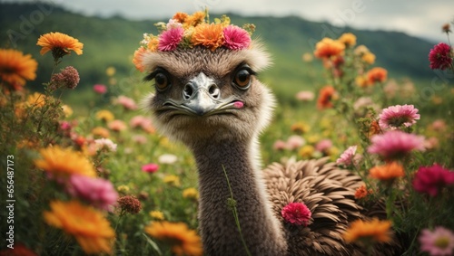 An ostrich bird amid beautiful spring flowers puts a wreath on its head, wildlife