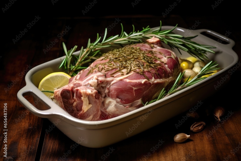 lamb shoulder with peeled garlic and rosemary in a baking dish
