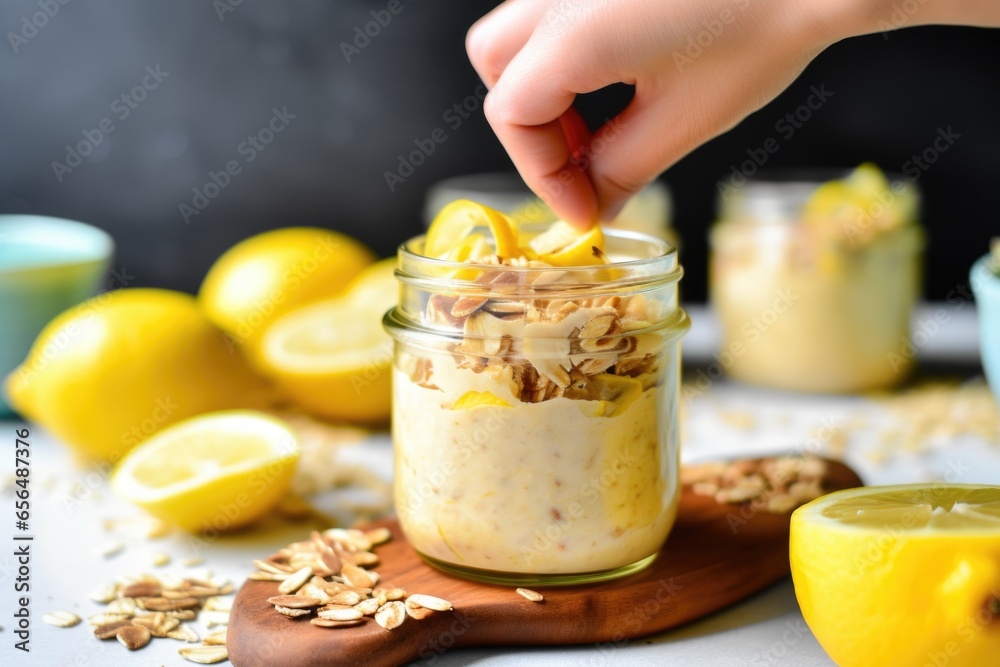 hand squeezing juice from a lemon onto multicultural overnight oats hand squeezing juice from a lemon onto multicultural overnight oats