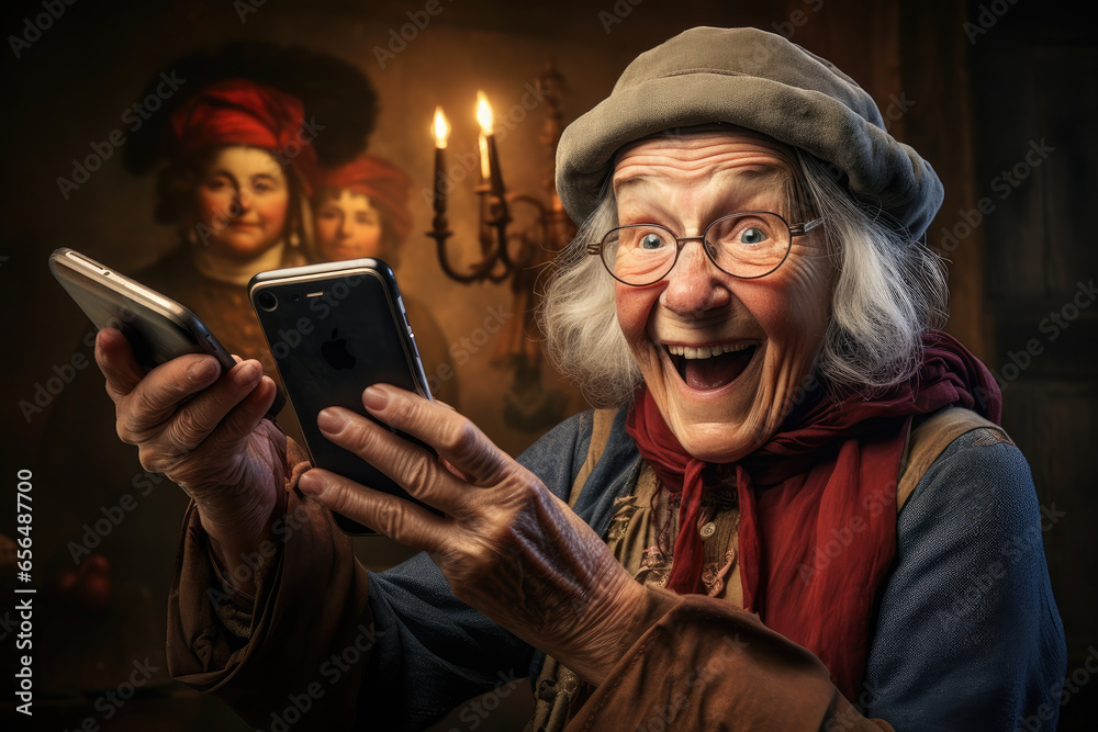 Embracing Modern Times: Wisdom in the Digital Age, an old woman holding smart phones Embracing Modern Times: Wisdom in the Digital Age, an old woman holding smart phones