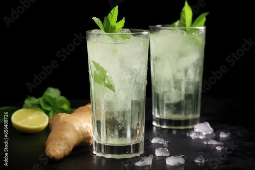 a bubbly glass of ginger ale next to fresh ginger