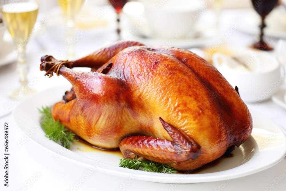 golden brown roast duck on a white plate
