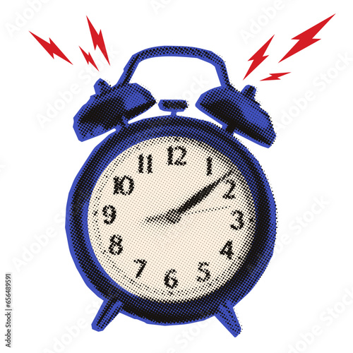 The halftone alarm clock is ringing. Trendy collage style.