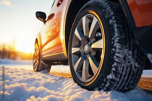 Car with new winter wheels and tires on snow