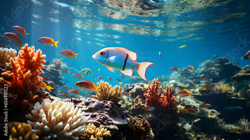 Colourful fishes are swimming in underwater coral