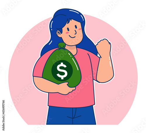 Cartoon woman carrying sack of money