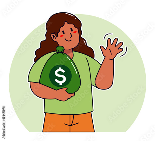 Cartoon woman carrying sack of money