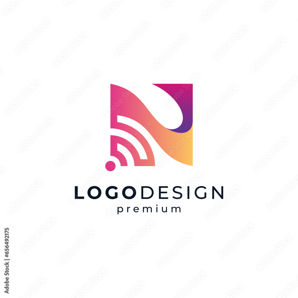 shiny letter N with signal for internet and connection logo design shiny letter N with signal for internet and connection logo design