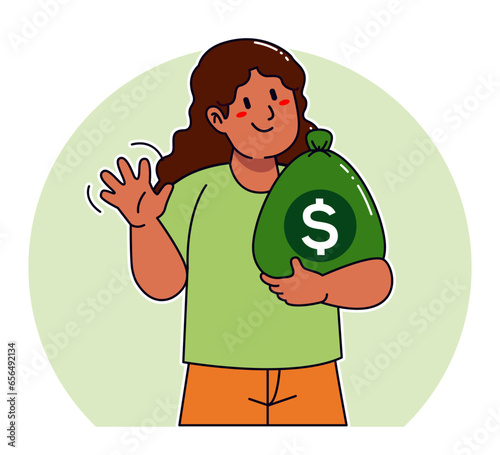 Cartoon woman carrying sack of money