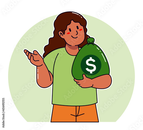 Cartoon woman carrying sack of money