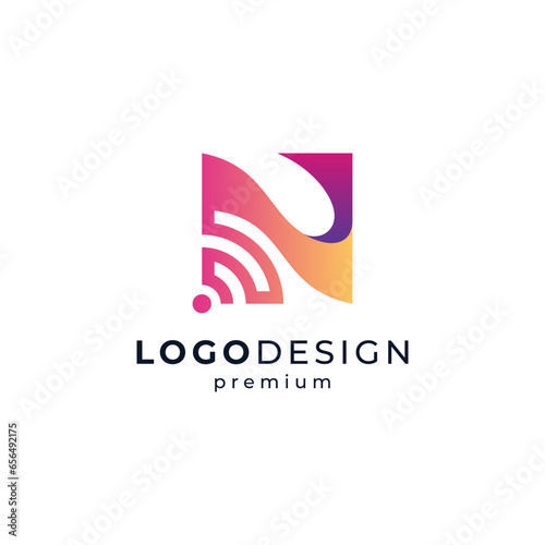 shiny letter N with signal for internet and connection logo design