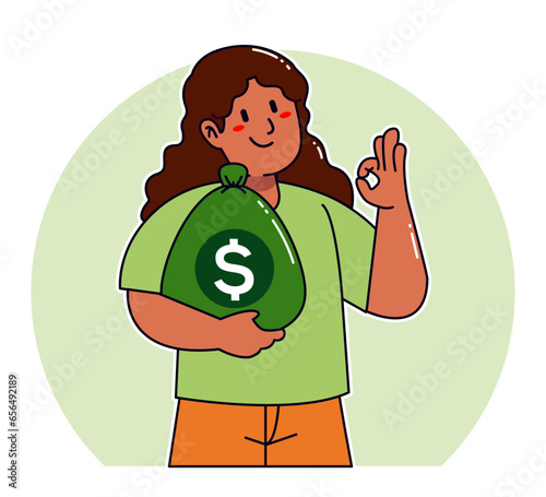 Cartoon woman carrying sack of money