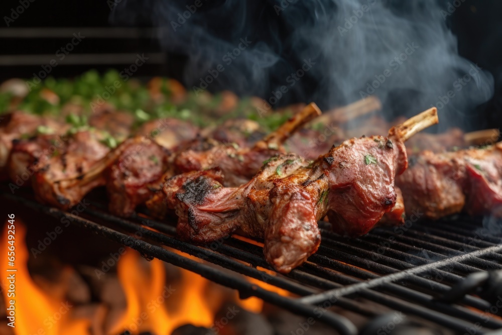 lamb chops being flipped over on a smoky grill