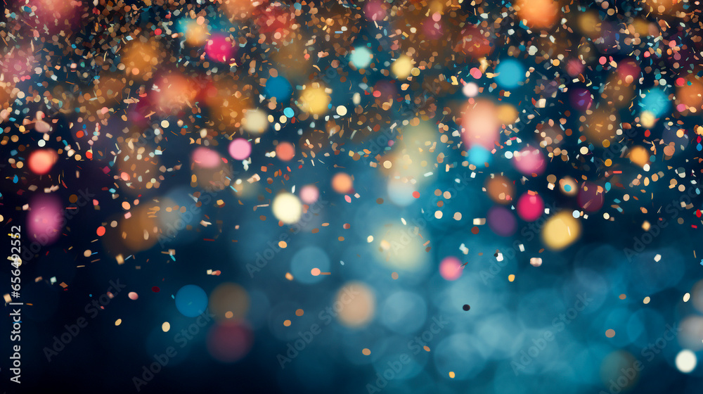 celebration confetti and glitter exploding in vibrant colors, shiny and sparkles, blue gold and purple tones - obrazy, fototapety, plakaty 