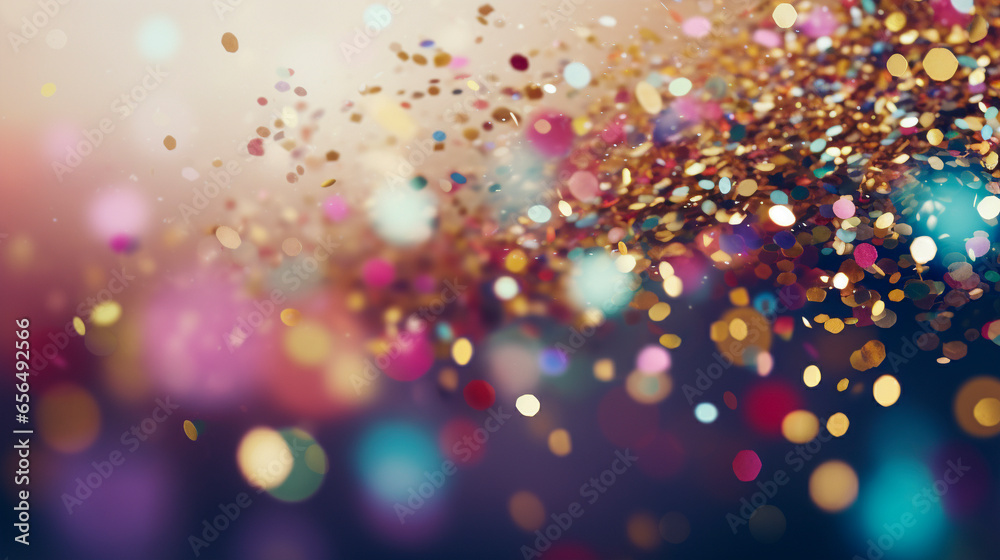 celebration confetti and glitter exploding in vibrant colors, shiny and sparkles, blue gold and purple tones