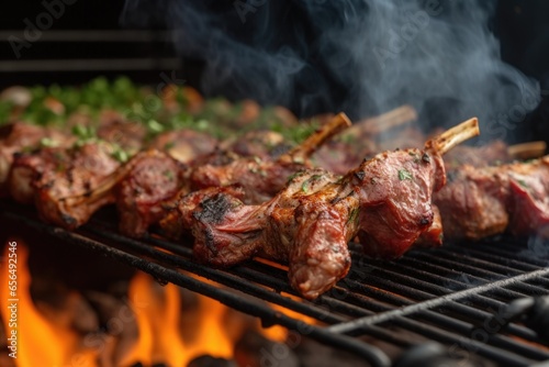 lamb chops being flipped over on a smoky grill