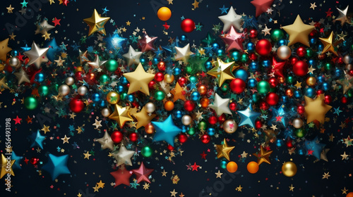Mélange de Boules de Noël et Étoiles Scintillantes Vues du Dessus photo