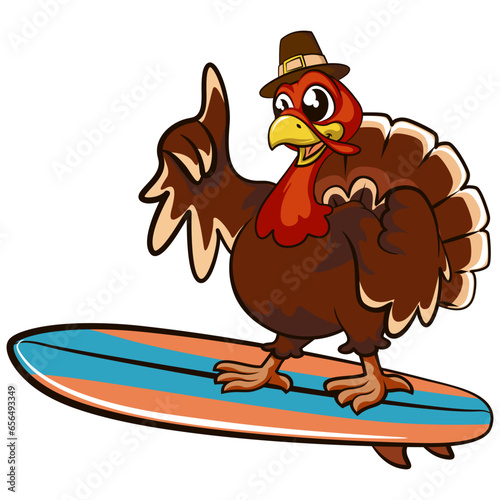 cartoon character mascot of a surfing turkey with a surfboard
