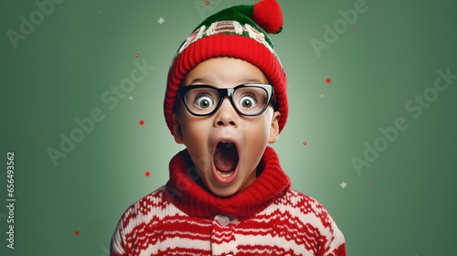 Enfant garçon, Émerveillé à Noël sur Fond Uni Coloré photo