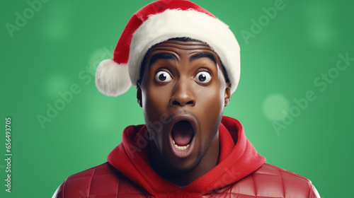 Homme noir afro américain, étonné à Noël, bonnet de père Noël