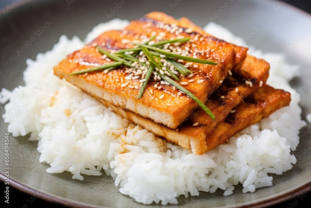 slice of grilled tofu steak atop a mound of white rice slice of grilled tofu steak atop a mound of white rice