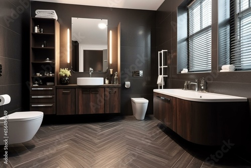 Modern bathroom with ceramic toilet  wooden cabinet  tiled floor  lit mirror. Elegant WC and bathtub. Generative AI
