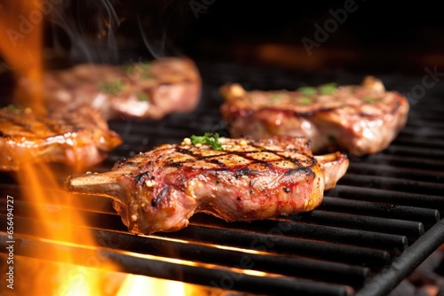 veal chops grilling over gas flame on a bbq grill