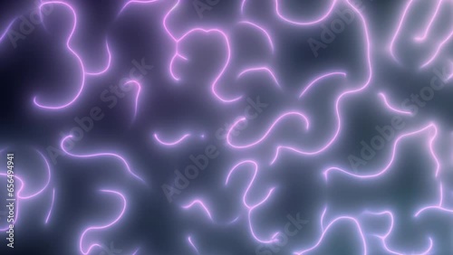 Pink thin light or fiber lines slowly moving and curving on a dark background.