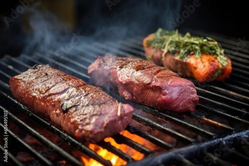 grilling venison steaks sequence, showing different stages of cooking