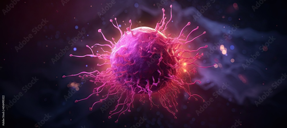Tumor microenvironment background with cancer cells, T-Cells, nanoparticles, molecules, aand blood vessels. Oncology research concept - obrazy, fototapety, plakaty 
