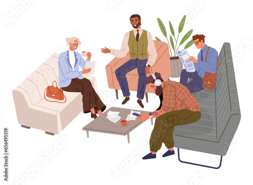 Group of people in waiting hall. Rest in expectation. Men sitting on couch with newspaper and phone. Interior of house or hotel. People in hospital or at public laundry, visitors communicate
