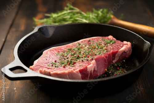 raw steak with herb rub in a cast iron pan